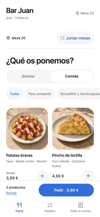 Carta digital de Feroba Gastro en el móvil: categorías, fotos, precios y el pedido en curso