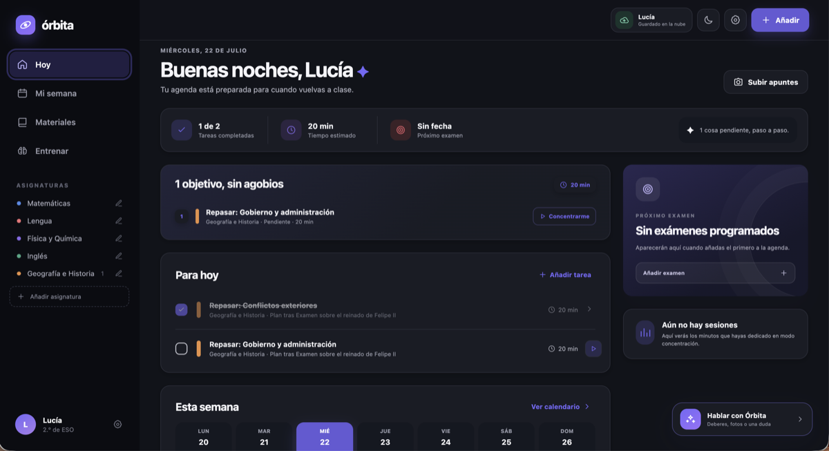 Panel de la aplicación académica Órbita